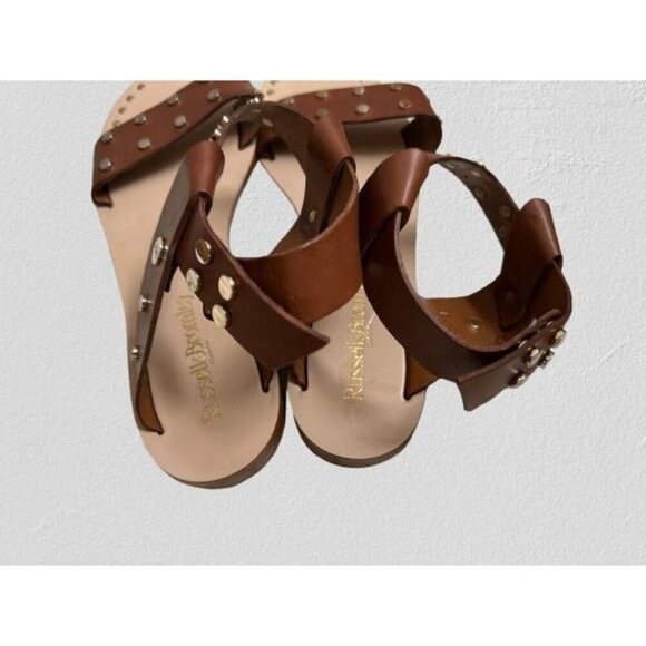 Russell Bromley London Ankle Sandals Brown Leather Gold Coin Greek Style - Picture 3 of 13